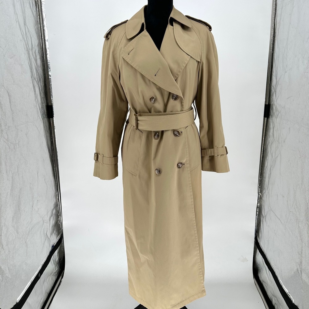 Vintage London Fog Beige Belted Trench Coat Button Rain Wool Blend Lining 8
